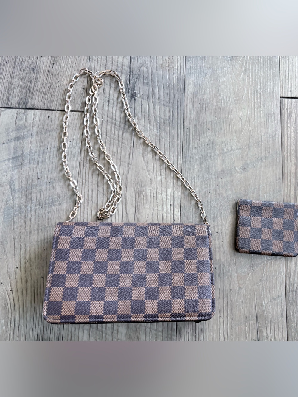 Brown Checkered Crossbody Bag with Chain Strap w/ coin purse